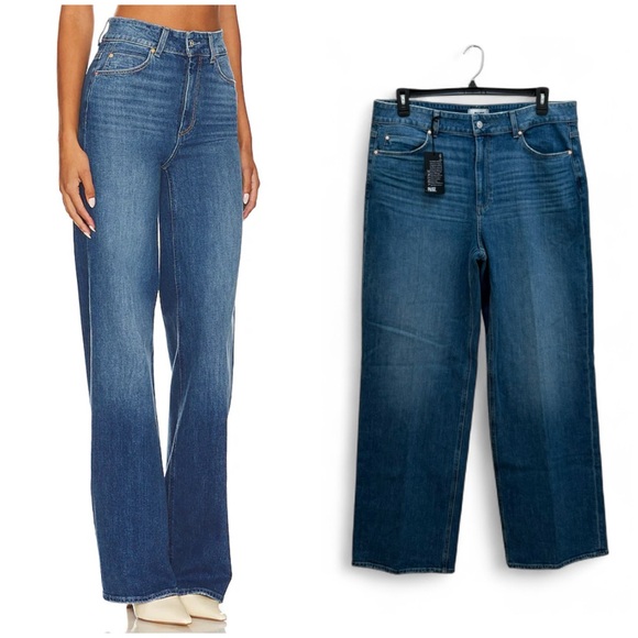 PAIGE NWT SASHA Medium Wash High Rise Wide Leg stefania distressed Jeans Size 34